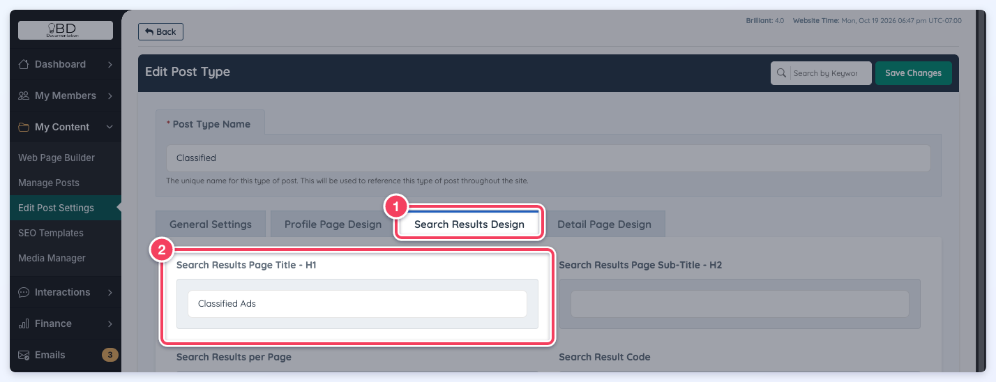 The Search Results Design tab (1) with the Search Results Page Title - H1 field (2).