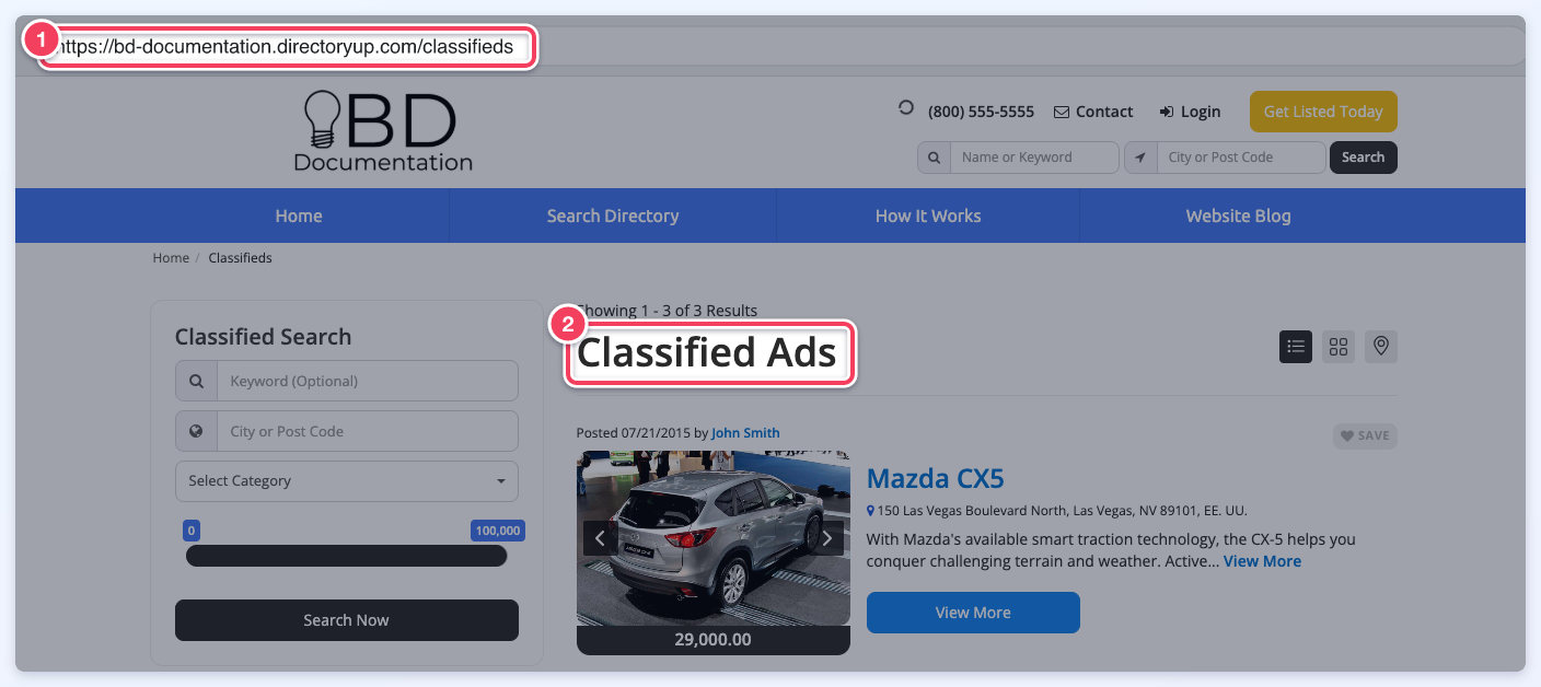 The Classified search results page, whose address uses the URL Permalink (1) and whose heading is the Search Results Page Title (2).