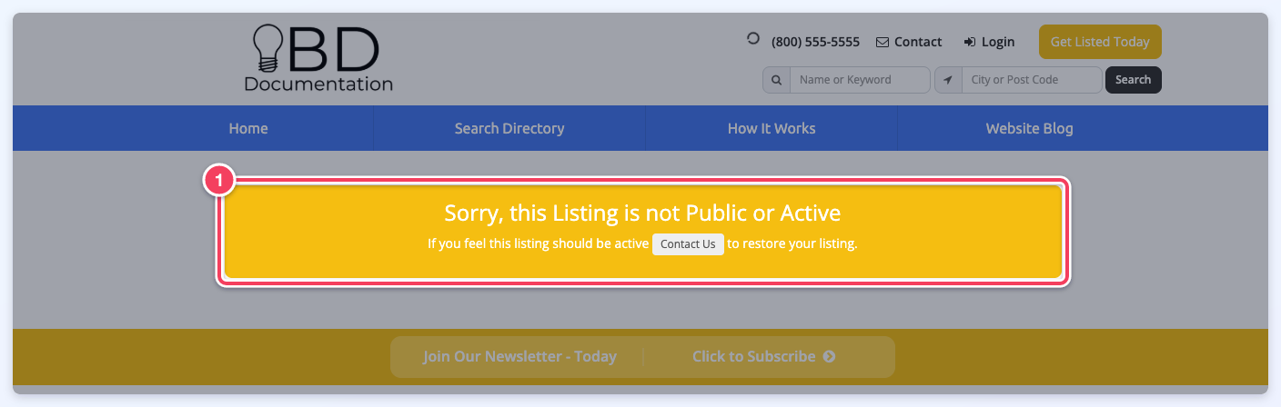 A hidden member profile as a logged-out visitor sees it: only the Sorry, this Listing is not Public or Active notice (1).