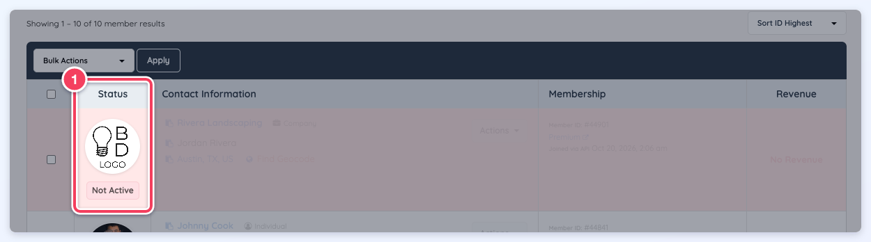 Search Members with a member whose Status column (1) reads Not Active.