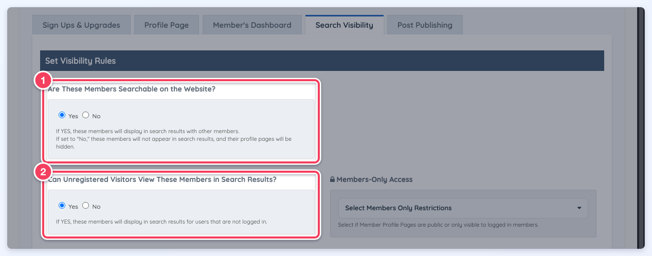 A plan's Search Visibility tab with Are These Members Searchable on the Website? (1) and Can Unregistered Visitors View These Members in Search Results? (2).