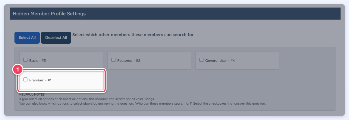 The Hidden Member Profile Settings of the Featured plan with the Premium - #1 option (1).