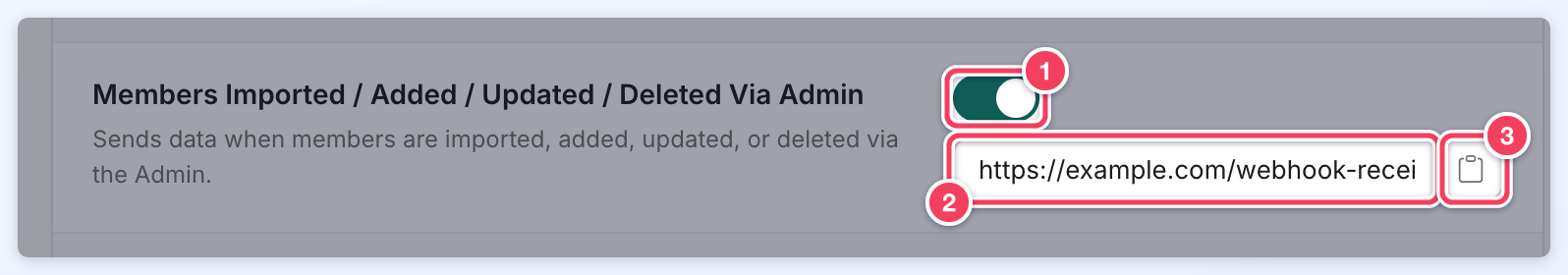 A webhook row with its on and off switch turned on (1), the Webhook Link field filled in (2) and the copy button (3).