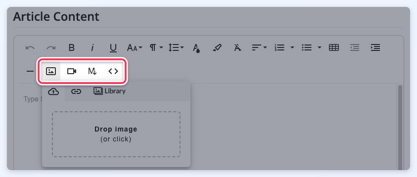 The Froala Text Editor - Image Upload toolbar with the image, video and code view buttons highlighted and the Insert Image menu open.