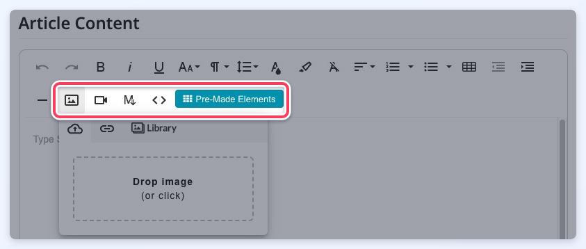 The Froala Text Editor - Image Upload + Pre-Made Elements toolbar with the image, video, code view and Pre-Made Elements buttons highlighted.