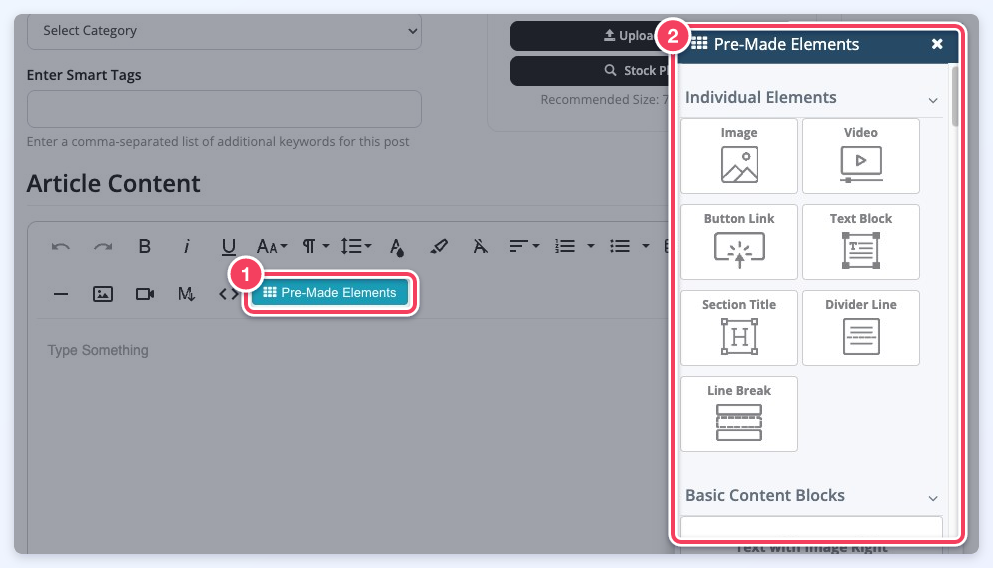 Clicking the Pre-Made Elements button (1) opens the Pre-Made Elements panel (2) with blocks such as Image, Video, Button Link and Text Block.
