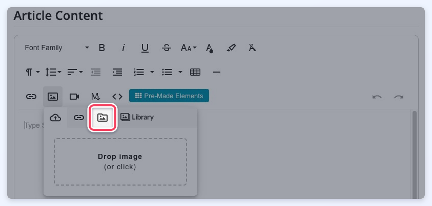 The Froala Text Editor - Media Manager Access Insert Image menu with the Browse button highlighted.