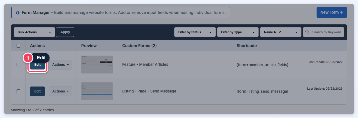 The Form Manager Custom Forms list with the Edit button highlighted on the Feature - Member Articles form.