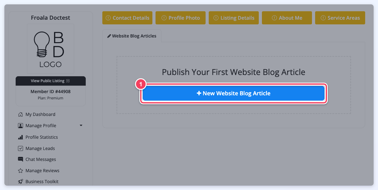 The member dashboard Website Blog Articles page with the New Website Blog Article button highlighted.
