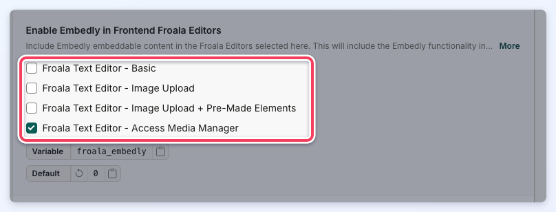 The Enable Embedly in Frontend Froala Editors setting on the Text Editor tab of Advanced Settings, with one editor type ticked.
