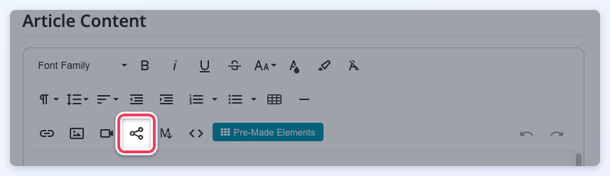 The Embed URL button highlighted in a front-end Froala editor toolbar after Embedly is enabled for that editor.