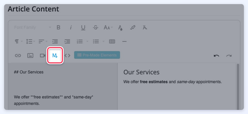 The Markdown button highlighted in the editor toolbar, with Markdown typed on the left and the formatted result shown on the right.