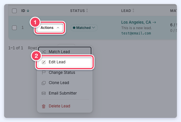 A lead's Actions button and its open menu, with Actions numbered 1 and Edit Lead numbered 2.