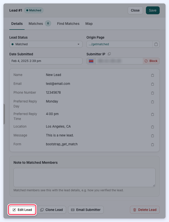 The lead drawer's Details tab with the Edit Lead button at the bottom highlighted.