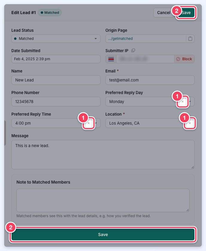 The Edit Lead form in the lead drawer, with the X on Preferred Reply Day, Preferred Reply Time and Location numbered 1 and both Save buttons numbered 2.