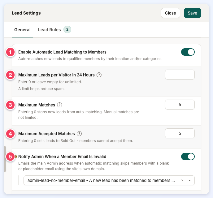 The Lead Settings drawer on its General tab with Enable Automatic Lead Matching to Members, Maximum Leads per Visitor in 24 Hours, Maximum Matches, Maximum Accepted Matches and Notify Admin When a Member Email Is Invalid numbered 1 to 5.