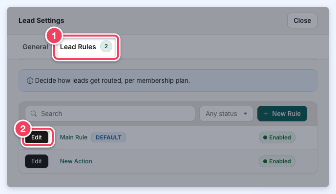 The Lead Rules tab of the Lead Settings drawer listing the Main Rule and a second rule, with the Lead Rules tab numbered 1 and the Main Rule Edit button numbered 2.