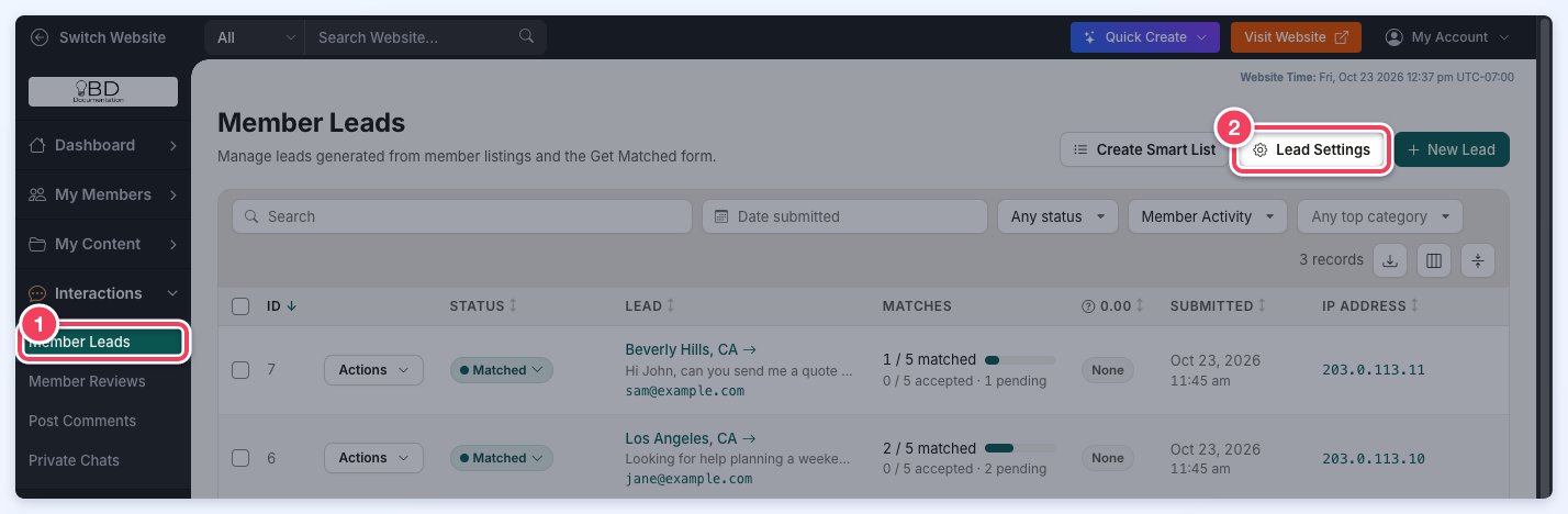 The Member Leads page with Member Leads in the Interactions menu numbered 1 and the Lead Settings button numbered 2.
