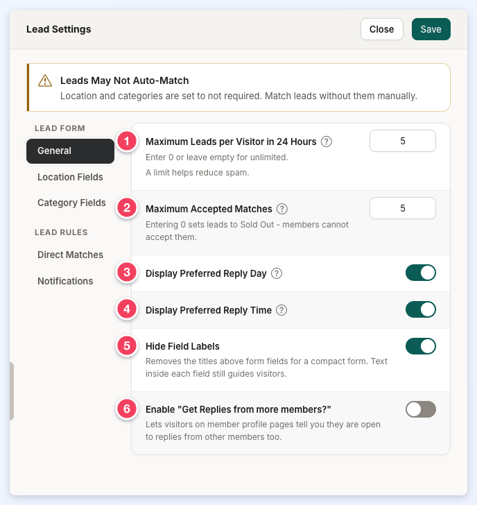 The Lead Settings drawer of a site without the Automatic Lead Matching add-on, on Lead Form General, with Maximum Leads per Visitor in 24 Hours, Maximum Accepted Matches, Display Preferred Reply Day, Display Preferred Reply Time, Hide Field Labels and Enable Get Replies from more members numbered 1 to 6.