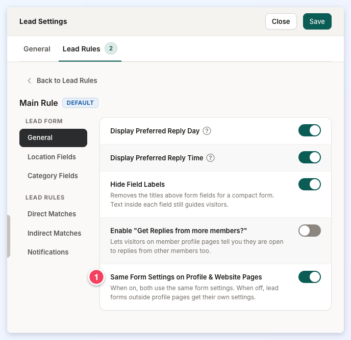 The Main Rule Lead Form General section with Same Form Settings on Profile & Website Pages numbered 1.