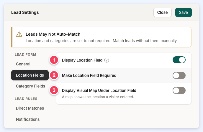 The Lead Form Location Fields section with Display Location Field, Make Location Field Required and Display Visual Map Under Location Field numbered 1 to 3.