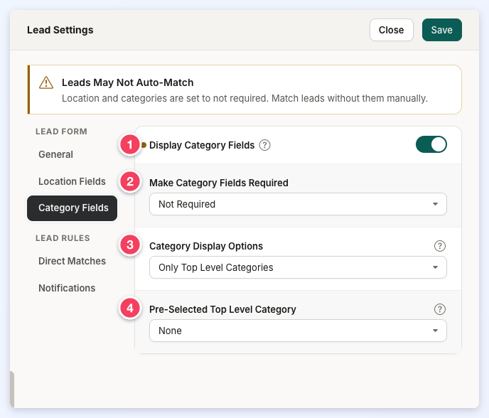 The Lead Form Category Fields section with Display Category Fields switched on and Make Category Fields Required, Category Display Options and Pre-Selected Top Level Category below it, numbered 1 to 4.