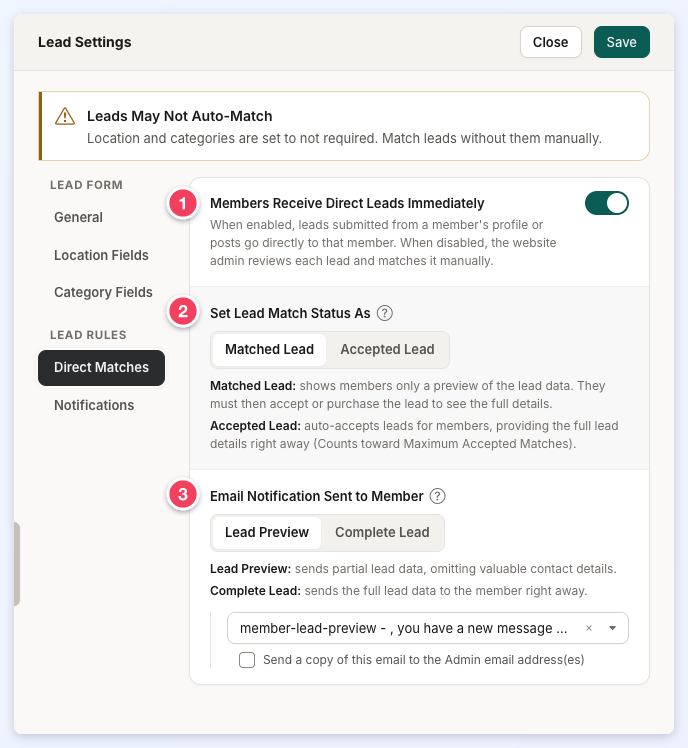 The Direct Matches section with Members Receive Direct Leads Immediately, Set Lead Match Status As and Email Notification Sent to Member numbered 1 to 3, and the email template and admin copy checkbox under 3.