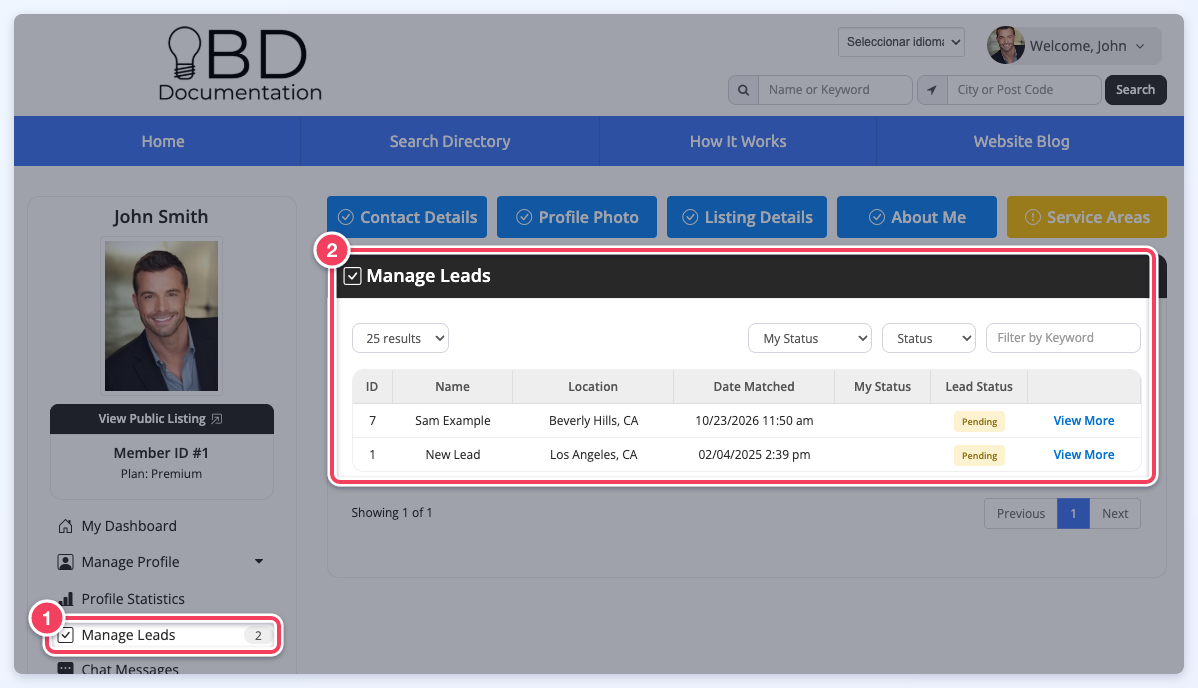 A member's account with Manage Leads in the account menu numbered 1 and the Manage Leads table of matched leads numbered 2.