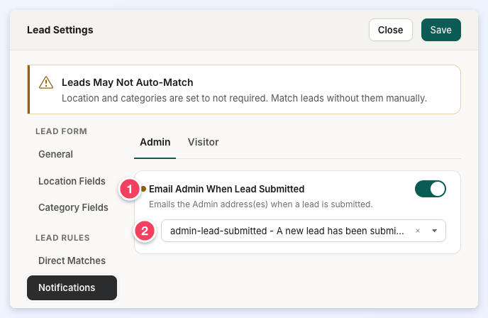The Notifications section on its Admin tab with Email Admin When Lead Submitted numbered 1 and its email template numbered 2.