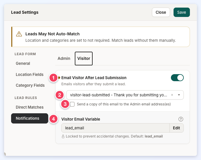 The Notifications section on its Visitor tab with Email Visitor After Lead Submission, its email template, the admin copy checkbox and the locked Visitor Email Variable numbered 1 to 4.