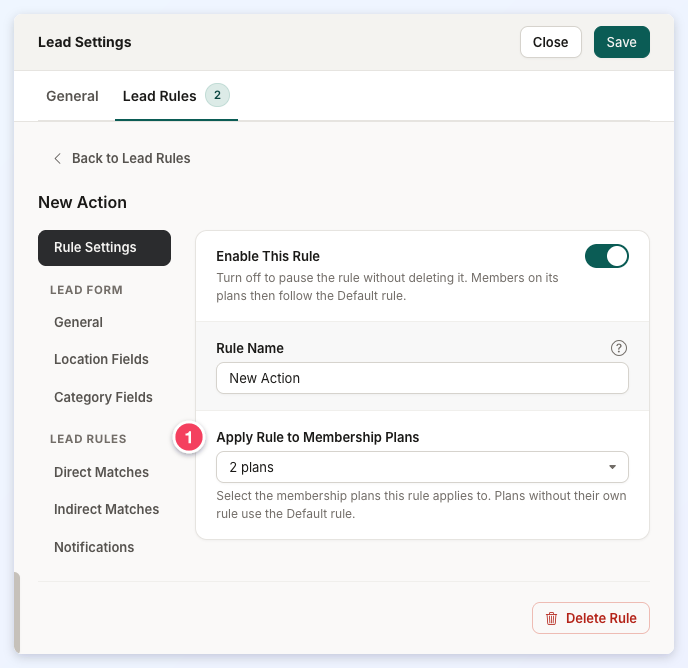 An additional lead rule's Rule Settings section with Enable This Rule, Rule Name and Apply Rule to Membership Plans, the last numbered 1.