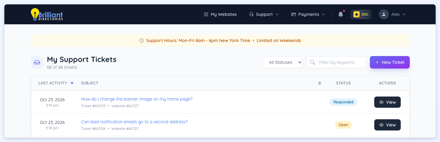 The My Support Tickets page in the admin, with the Support Hours notice, the status and keyword filters, the New Ticket button and the two newest tickets.