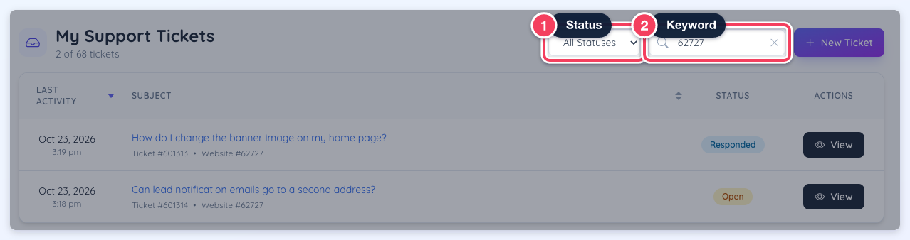 The ticket filters numbered 1 and 2: the Status menu set to All Statuses and the keyword box with 62727 typed, narrowing the list to 2 of 68 tickets.