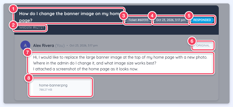 The top of a ticket thread with the title, website, ticket number, date, status, Original label, message and attached file numbered 1 to 8.