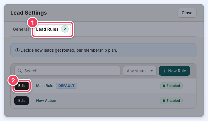 The Lead Settings drawer on its Lead Rules tab, with the Lead Rules tab numbered 1 and the Main Rule's Edit button numbered 2.