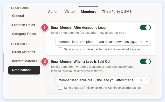 The Notifications Members tab with Email Member After Accepting Lead and Email Member When a Lead Is Sold Out numbered 1 and 2.