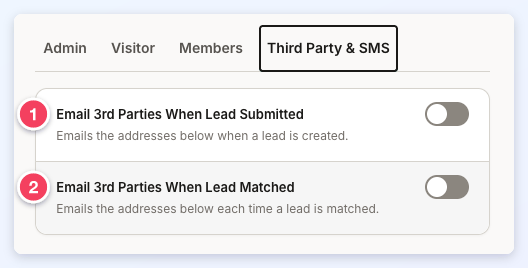 The Notifications Third Party & SMS tab with Email 3rd Parties When Lead Submitted and Email 3rd Parties When Lead Matched numbered 1 and 2.