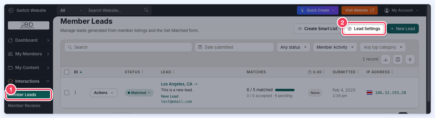 The Member Leads page with Member Leads in the Interactions menu numbered 1 and the Lead Settings button numbered 2.