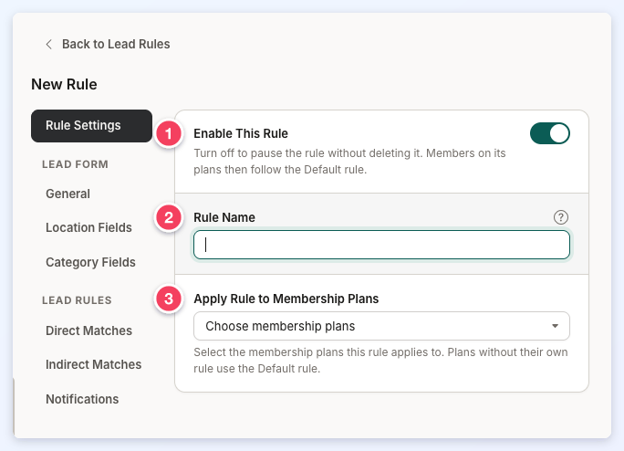 The New Rule form's Rule Settings with Enable This Rule, Rule Name and Apply Rule to Membership Plans numbered 1 to 3.