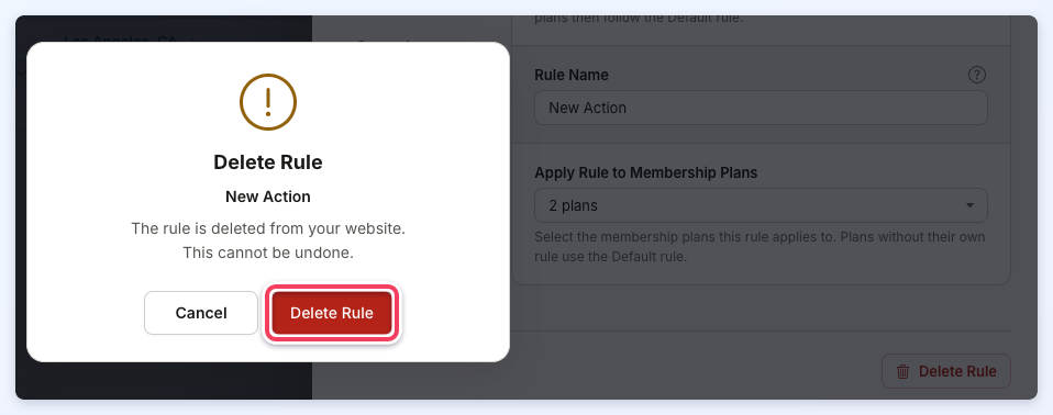 The Delete Rule confirmation for a rule named New Action, with the Delete Rule button outlined.