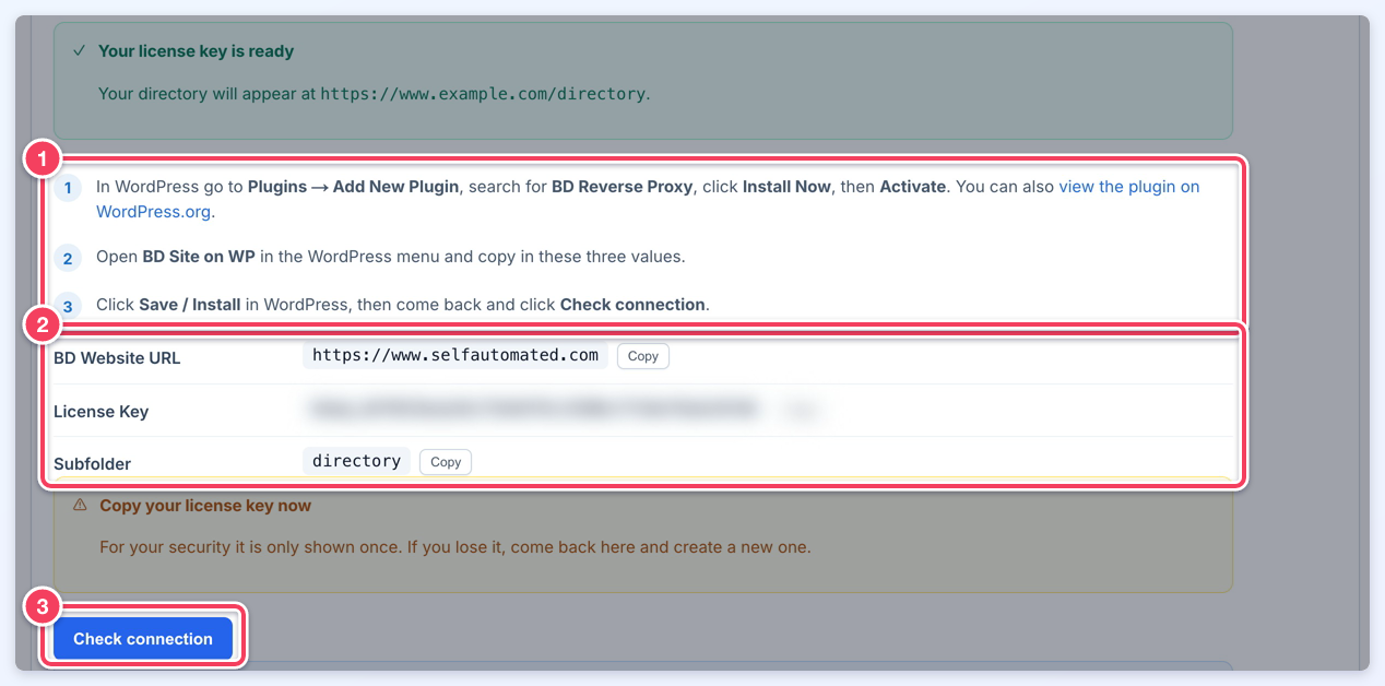The license key result with the plugin steps (1), the BD Website URL, License Key and Subfolder values (2) and the Check connection button (3).