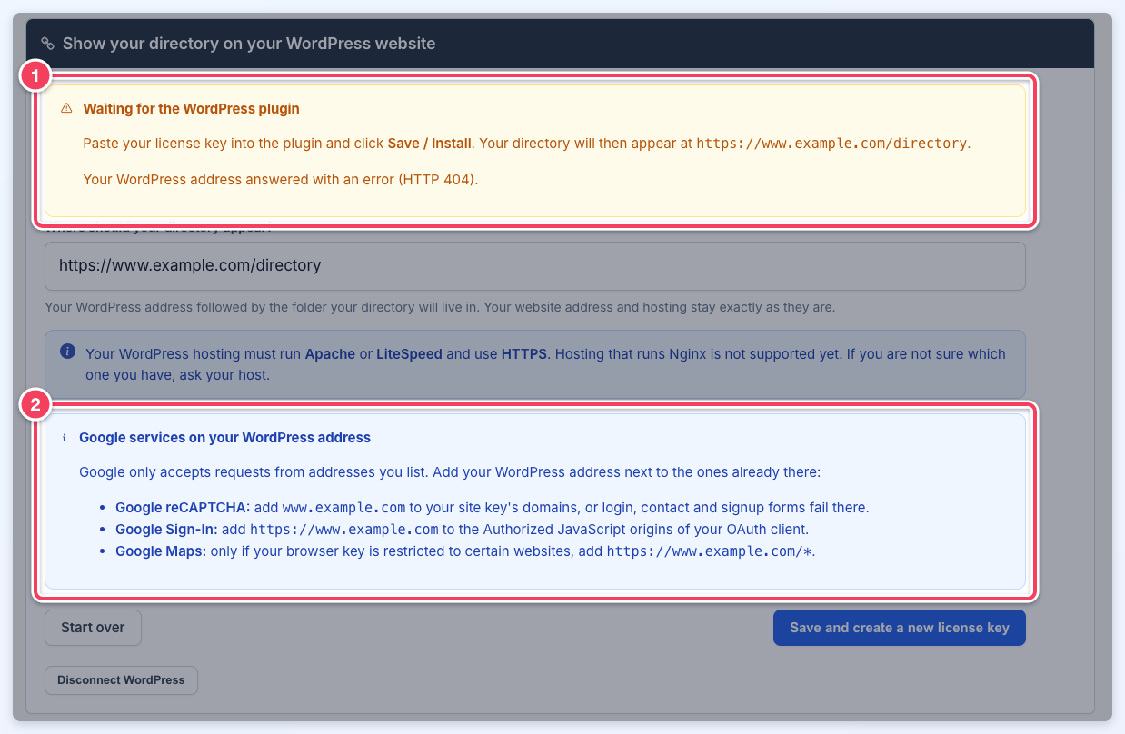 A saved WordPress address with the Waiting for the WordPress plugin status (1) and the Google services on your WordPress address note (2).