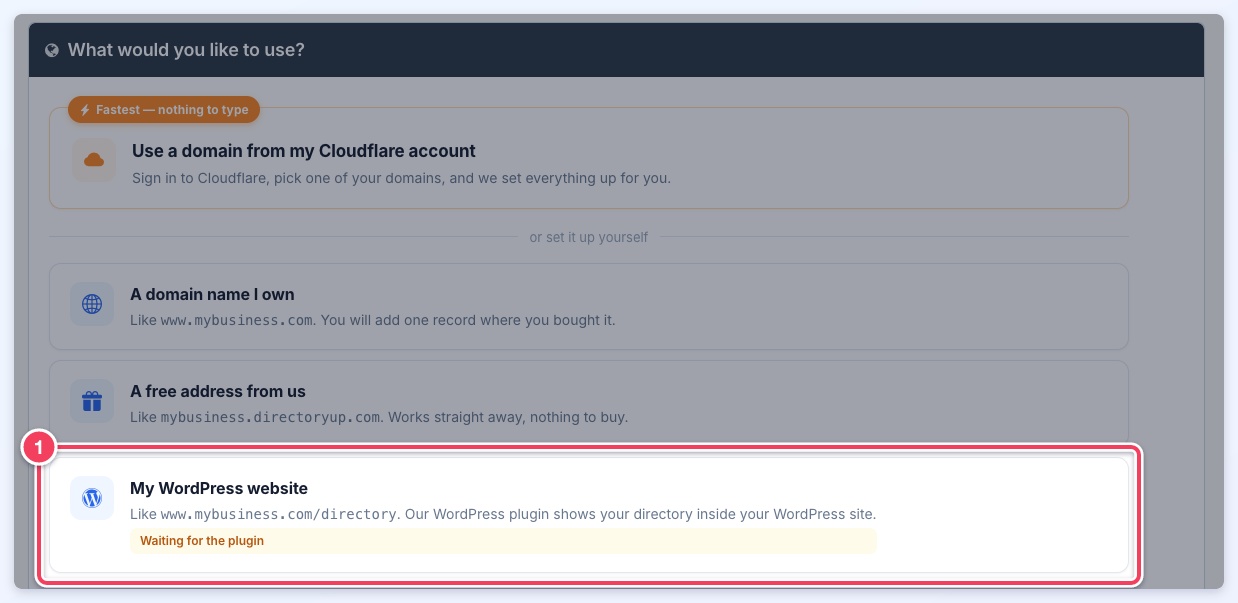 The My WordPress website choice showing its Waiting for the plugin status (1).