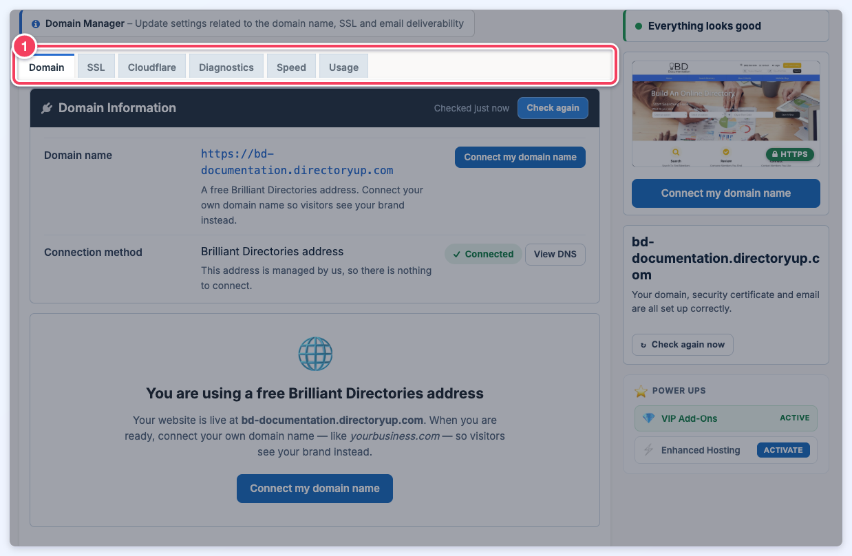 Domain Manager on the free bd-documentation.directoryup.com address with the tab row Domain, SSL, Cloudflare, Diagnostics, Speed and Usage marked as number 1.