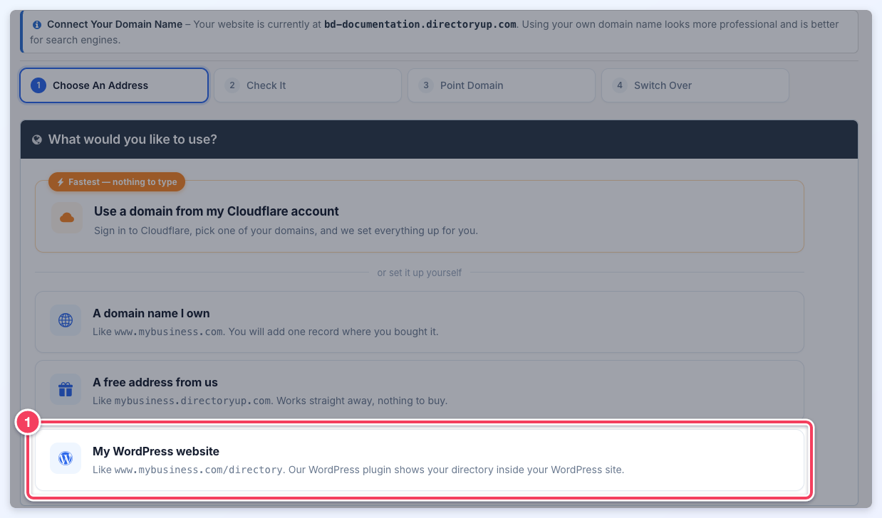 The Choose An Address stage with the My WordPress website choice marked as number 1.