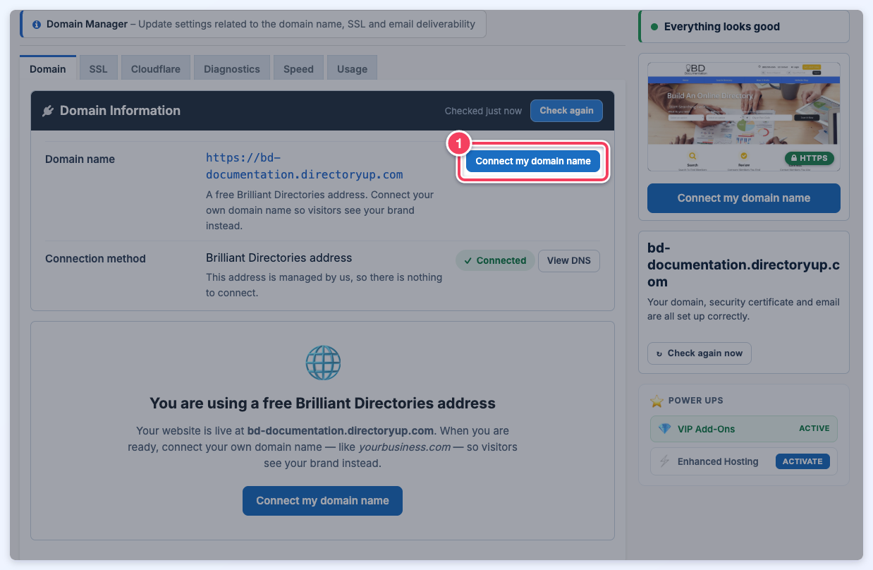 Domain Manager on a free directoryup.com address with the Connect my domain name button marked as number 1.