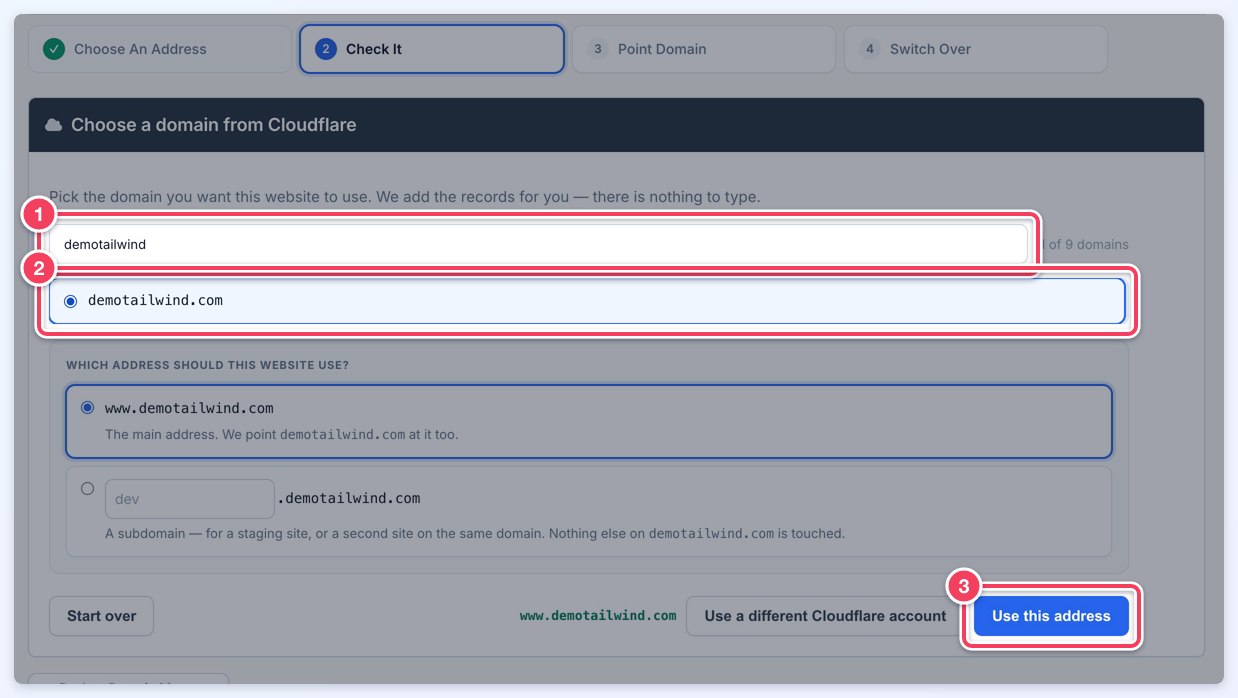 The Choose a domain from Cloudflare panel with the filter box (1), demotailwind.com selected (2) and the Use this address button (3).