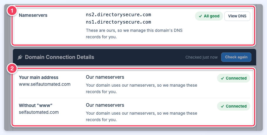 selfautomated.com on the Domain tab with the Brilliant Directories nameservers row (1) and both the main address and the address without www shown as Connected (2).