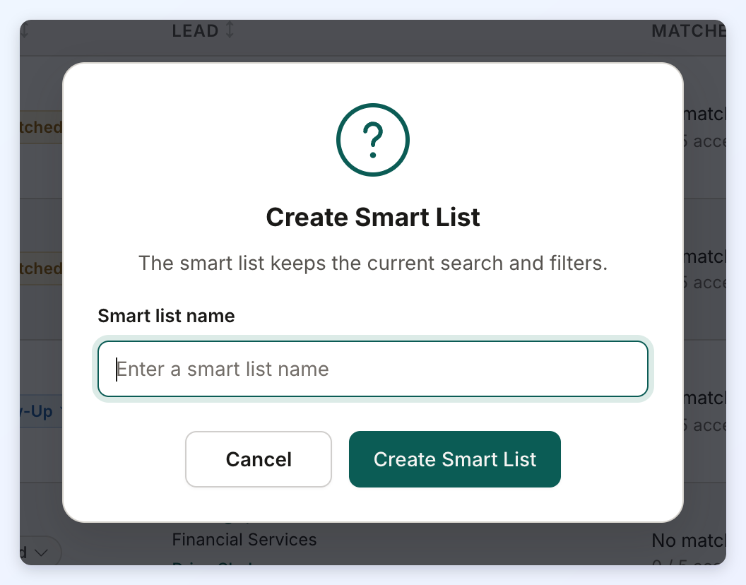 The Create Smart List window asking for a smart list name, with the Cancel and Create Smart List buttons.