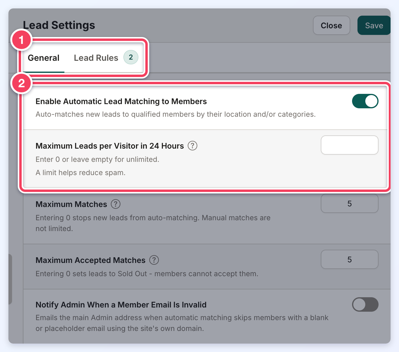 The Lead Settings drawer on its General tab, with the General and Lead Rules tabs numbered 1 and the Enable Automatic Lead Matching to Members and Maximum Leads per Visitor in 24 Hours settings numbered 2.